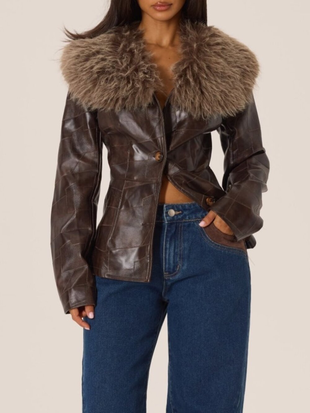 Mocha Brown Casual Women's Fluffy Collared Faux Leather Jacket - Picture 3 of 6